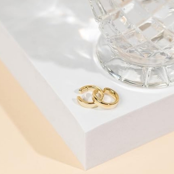 14K Gold Plated Round Huggie Ear Cuff Clip on Yellow Gold Earrings - Picture 5 of 7